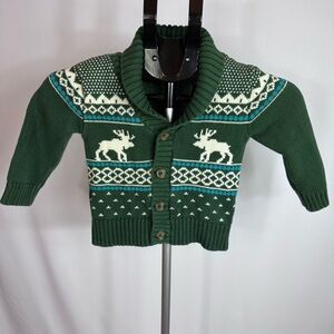 Cherokee Toddler 2T Moose Sweater Cardigan Green Fair Isle Christmas